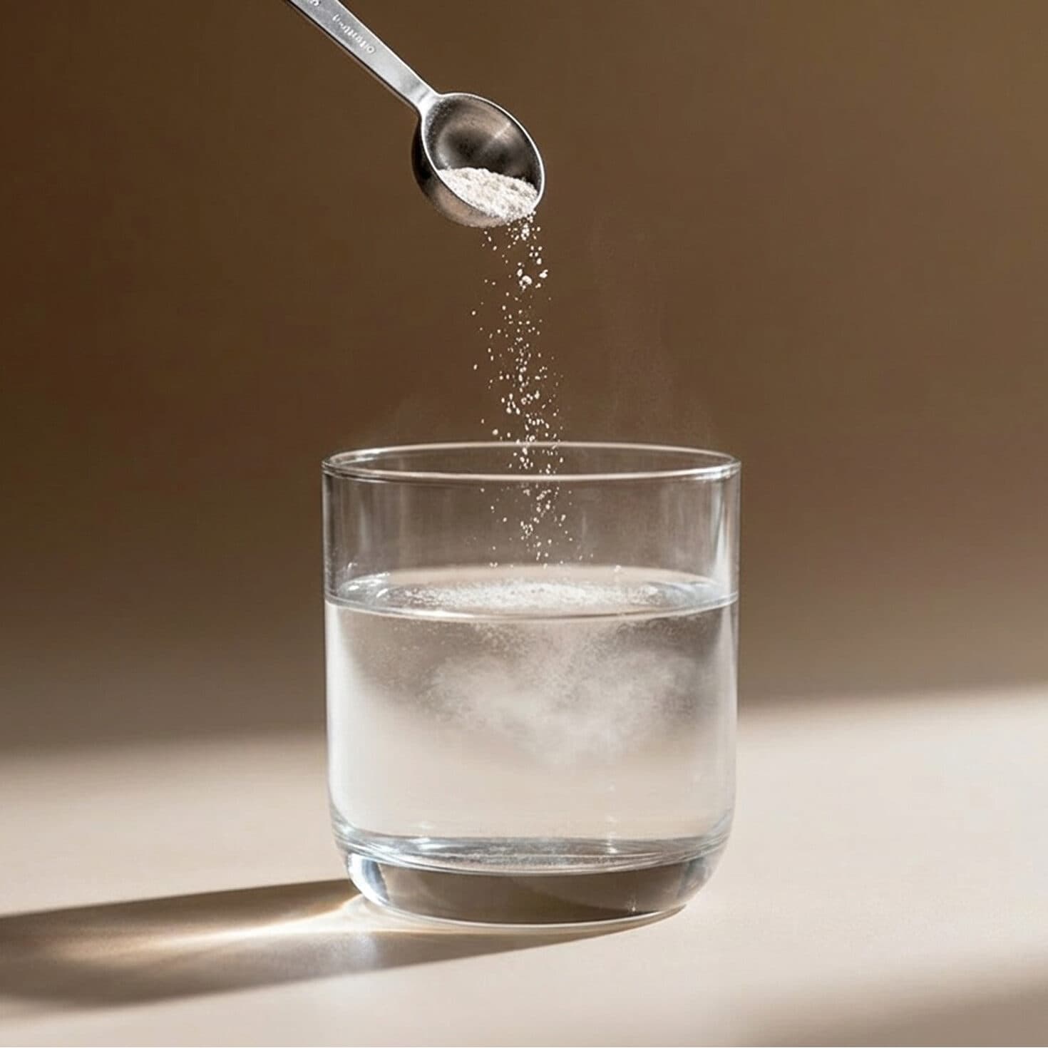 A spoonful of powder being put into a glass of water