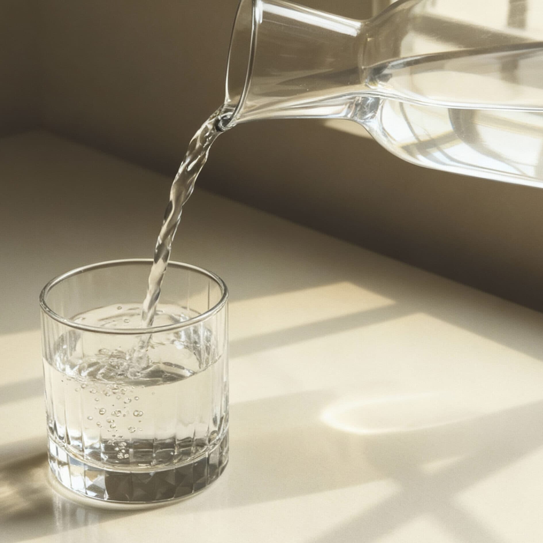 A pitcher of water being poured into a glass
